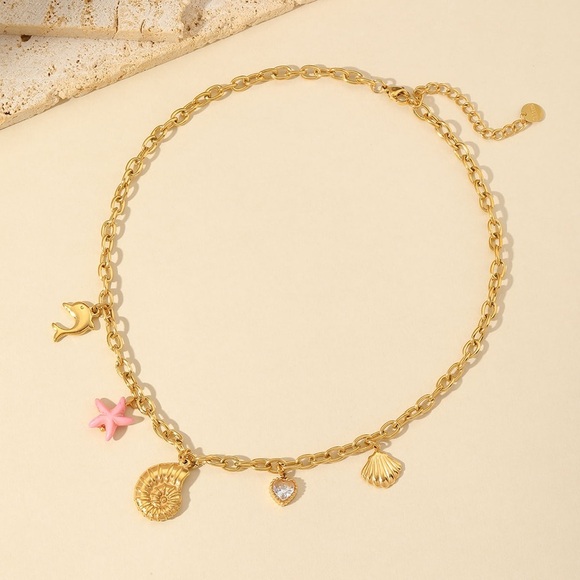 Gold Charm Necklace with Pink Accents - Picture 1 of 2